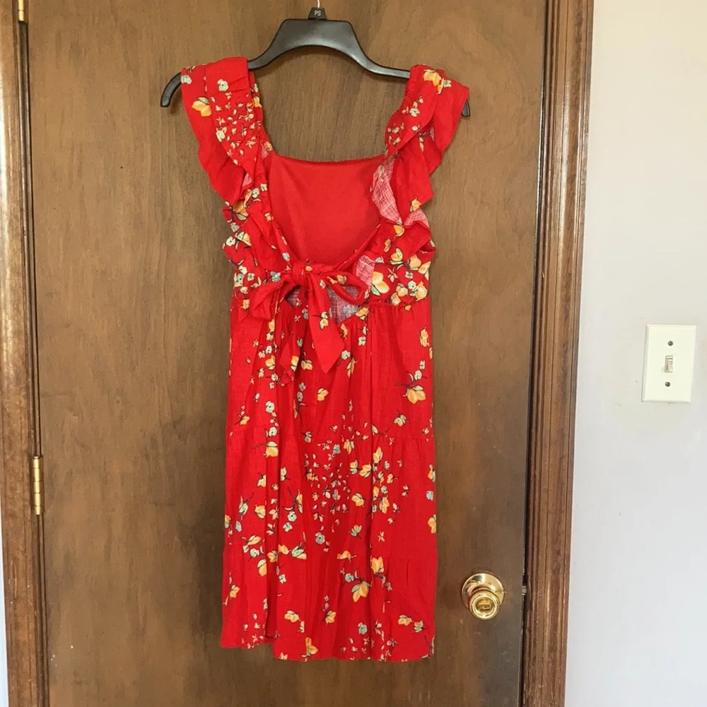 Relist7/18❌ LC LAUREN CONRAD red with lemon & floral print tie back dress - Picture 6 of 16